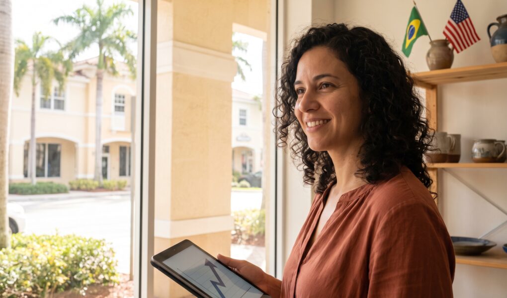 Empresária brasileira sorrindo dentro da própria loja nos Estados Unidos, segurando um tablet com gráfico de crescimento