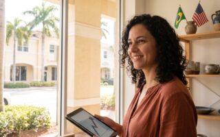 Empresária brasileira sorrindo dentro da própria loja nos Estados Unidos, segurando um tablet com gráfico de crescimento