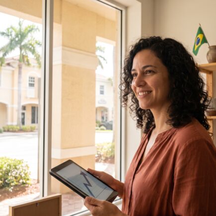 Empresária brasileira sorrindo dentro da própria loja nos Estados Unidos, segurando um tablet com gráfico de crescimento