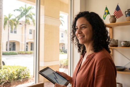 Empresária brasileira sorrindo dentro da própria loja nos Estados Unidos, segurando um tablet com gráfico de crescimento