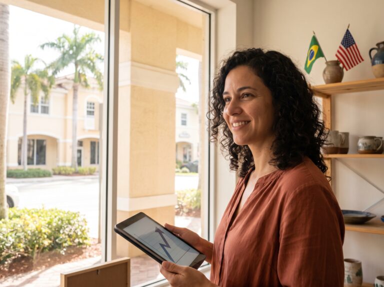 Empresária brasileira sorrindo dentro da própria loja nos Estados Unidos, segurando um tablet com gráfico de crescimento