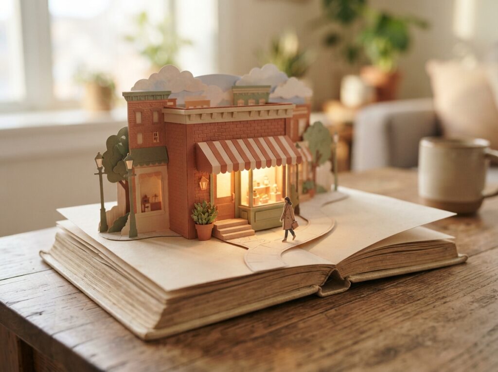 Livro pop-up aberto com uma pequena loja de rua americana se erguendo das páginas, metáfora de abrir empresa nos EUA sendo brasileiro