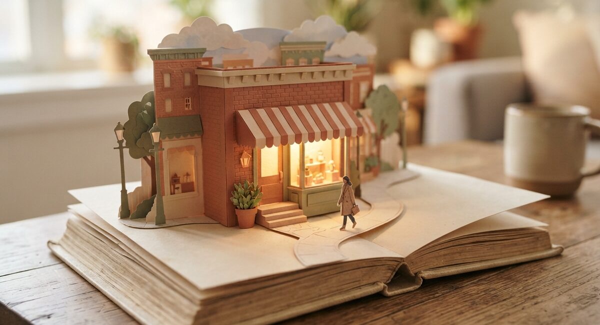 Livro pop-up aberto com uma pequena loja de rua americana se erguendo das páginas, metáfora de abrir empresa nos EUA sendo brasileiro
