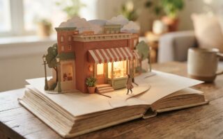 Livro pop-up aberto com uma pequena loja de rua americana se erguendo das páginas, metáfora de abrir empresa nos EUA sendo brasileiro