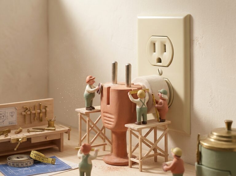 Artesãos em miniatura remodelando um grande plugue de cerâmica pra que ele encaixe numa tomada americana antiga, metáfora de adaptação cultural no marketing