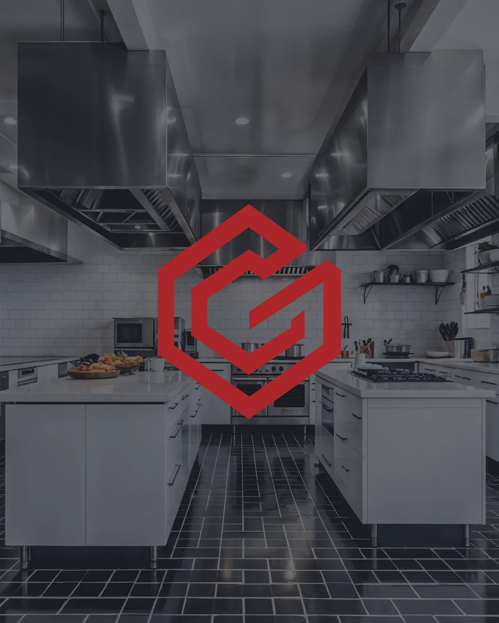Símbolo sobre cozinha industrial da identidade visual de Gastropar Aceros, aço inoxidável para cozinhas profissionais