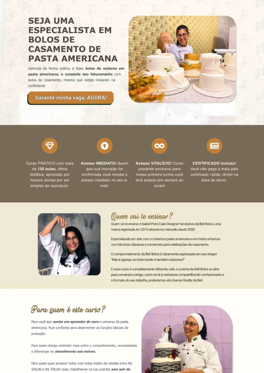 Página de vendas para curso de confeitaria