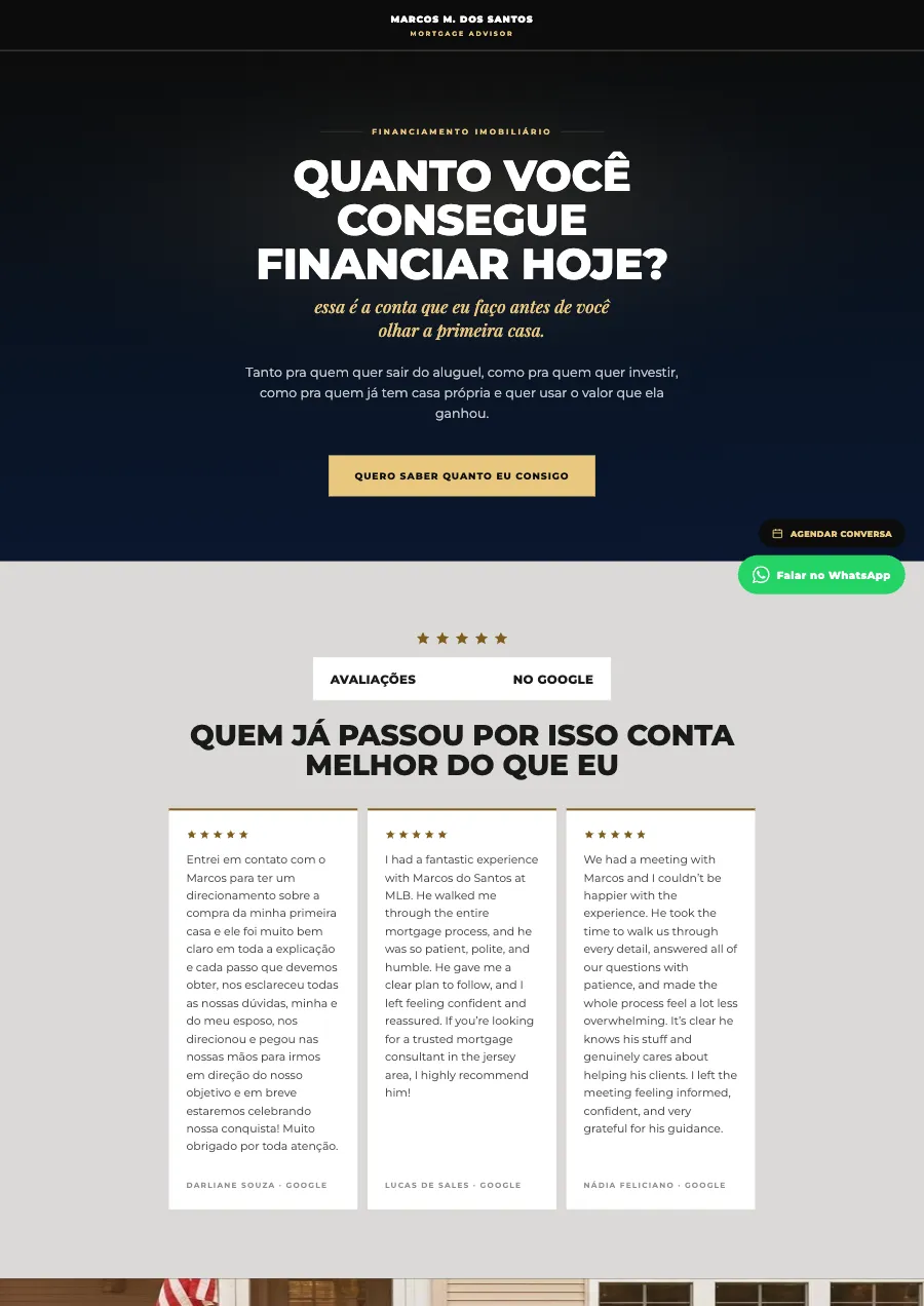 Site para consultor de financiamento imobiliário nos Estados Unidos